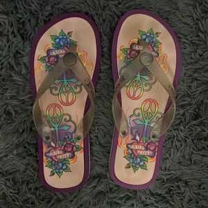 Y2K style Ed Hardy flip flops